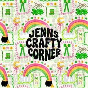 May include: A repeating pattern featuring St. Patrick's Day elements. The design includes rainbows, pots of gold, shamrocks, leprechaun hats, horseshoes, and bows. The text "JENNS CRAFTY CORNER" is prominently displayed. The color palette includes green, pink, yellow, and black.