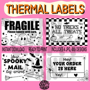 Pode incluir: Um conjunto de quatro designs de etiquetas térmicas com tema de Halloween. Os rótulos apresentam gráficos assustadores como fantasmas, abóboras, morcegos e aranhas, juntamente com frases como "Fragile", "No Tricks All Treats" e "Your Spooky Mail has arrived". Prontos para imprimir.