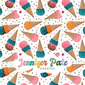 May include: A seamless pattern featuring various ice cream cones with different toppings, including chocolate, sprinkles, and cherries. The cones are on a white background with colorful polka dots. The text "Jennifer Pate Creates" is in the center of the pattern.