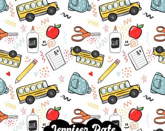 May include: A seamless pattern featuring a variety of school-themed illustrations, including a yellow school bus, a red apple, a pair of scissors, a glue bottle, a pencil, a backpack, a notebook with the letters "A+" and a smiley face. The background is white with a variety of colourful shapes and lines.