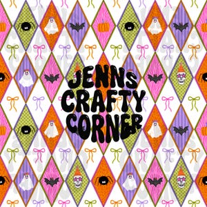 May include: A repeating diamond pattern background featuring Halloween icons including ghosts, spiders, bats, pumpkins, and skulls with party hats. The text JENNS CRAFTY CORNER is printed in large black letters across the centre of the design.