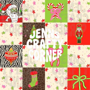 May include: A grid pattern featuring Christmas icons including Santa Claus, candy canes, a nutcracker, a tree, an ornament, and a stocking. The text JENN'S CRAFTY CORNER is overlaid in white. Backgrounds include zebra print, leopard print, red, and green.