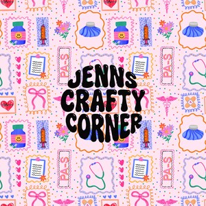 May include: A repeating pattern on a pink background featuring medical-themed illustrations. The design includes pill bottles, syringes, stethoscopes, and clipboards, framed by decorative borders. The text "JENNS CRAFTY CORNER" is prominently displayed.