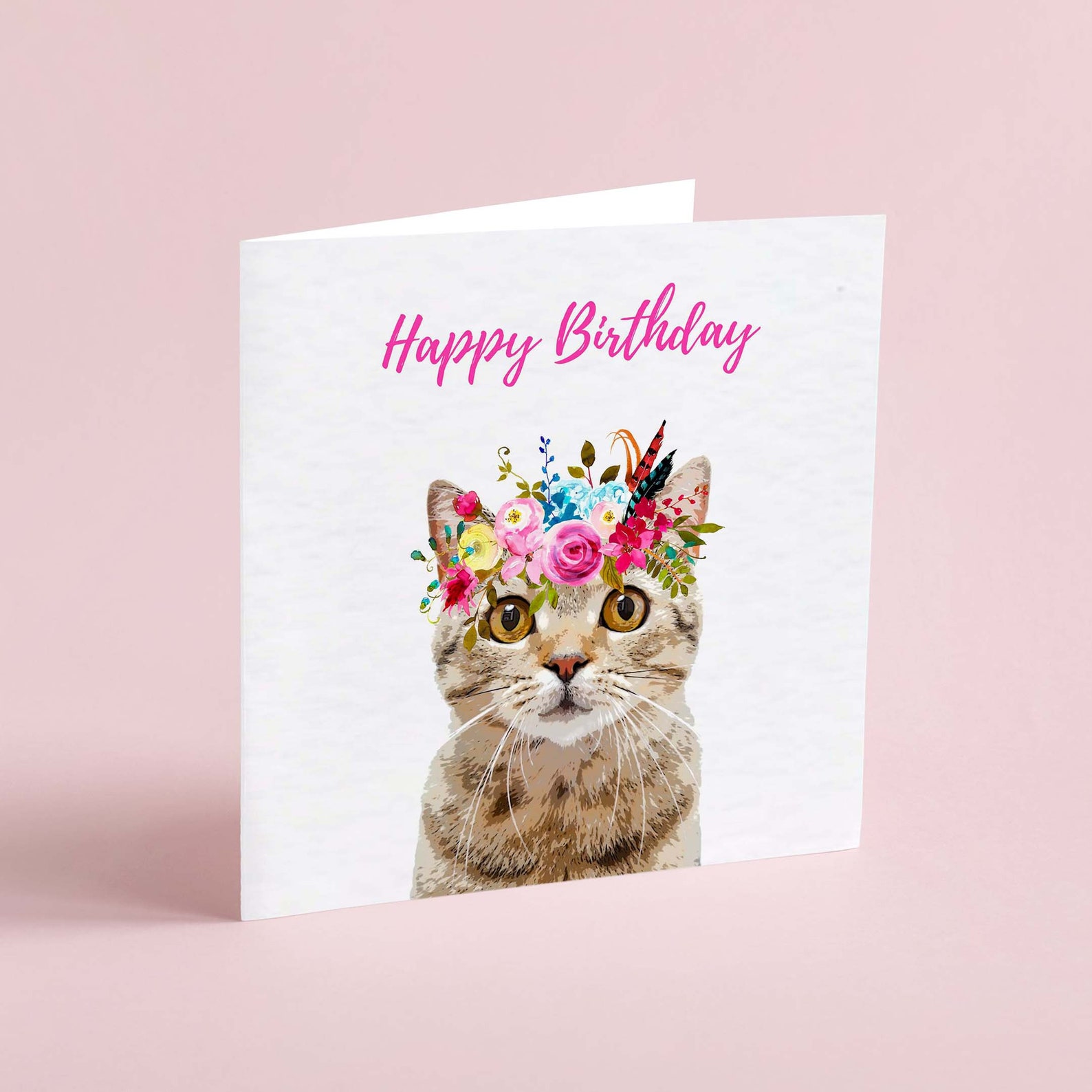 Tabby Cat Birthday Card - Cute Cat Greetings Card - Flowers - Etsy UK