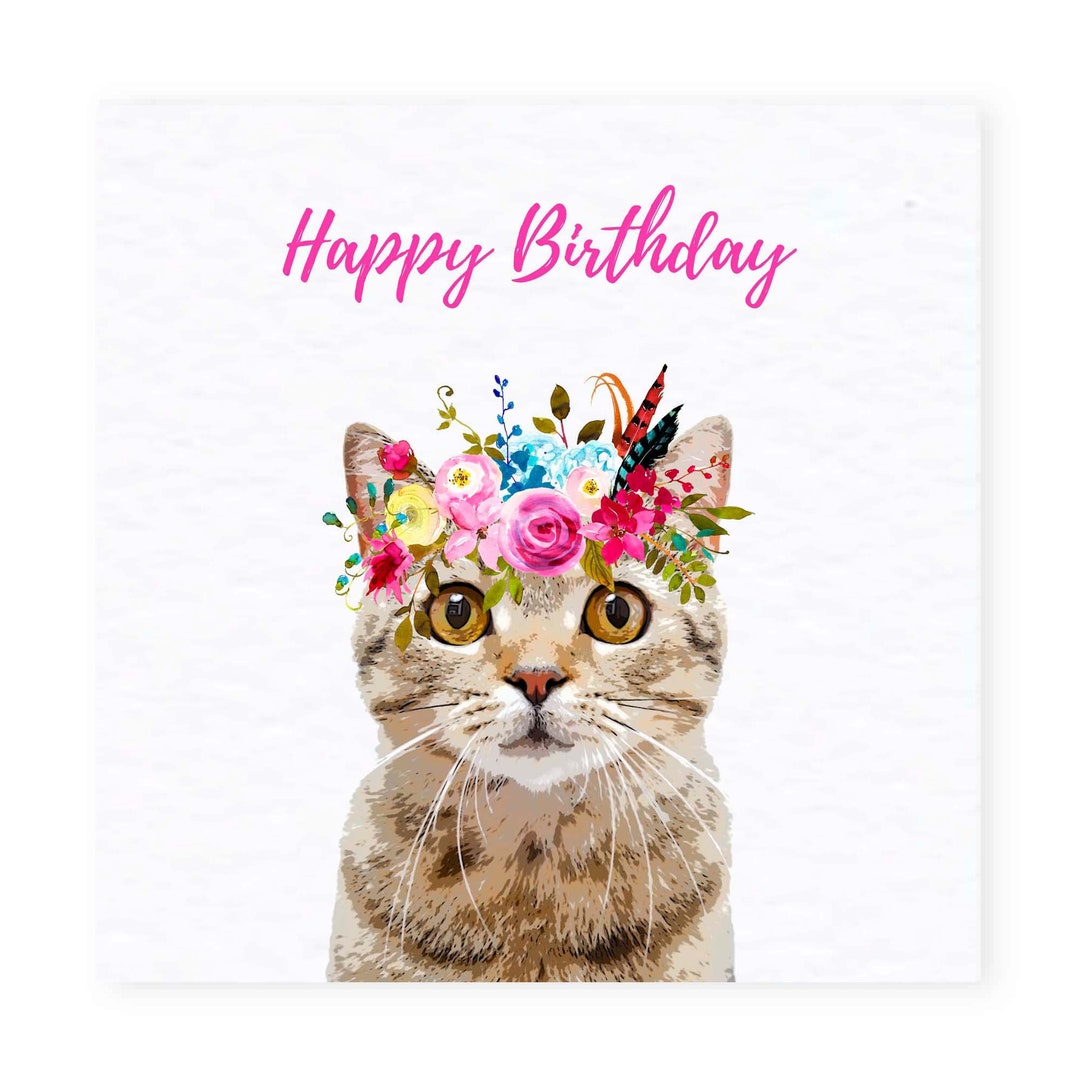 Tabby Cat Birthday Card Cute Cat Greetings Card Flowers - Etsy UK