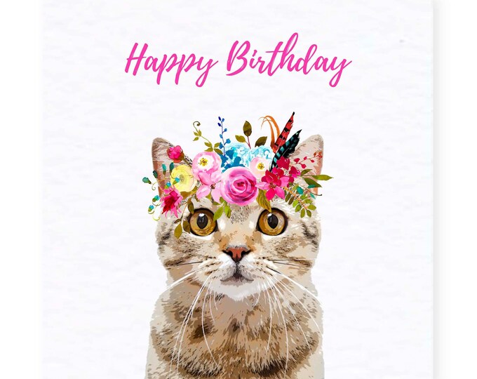 Tabby Cat Birthday Card - Cute Cat Greetings Card - Flowers - Etsy