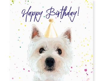 West Highland Terrier Birthday Card - Westie Party Hat Greetings Card