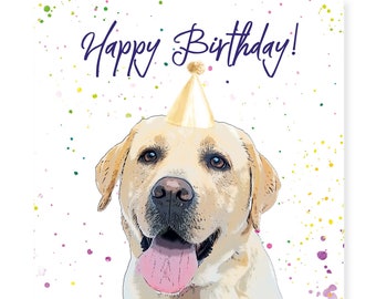 Yellow Labrador Birthday Card - Lab Party Hat Greetings Card