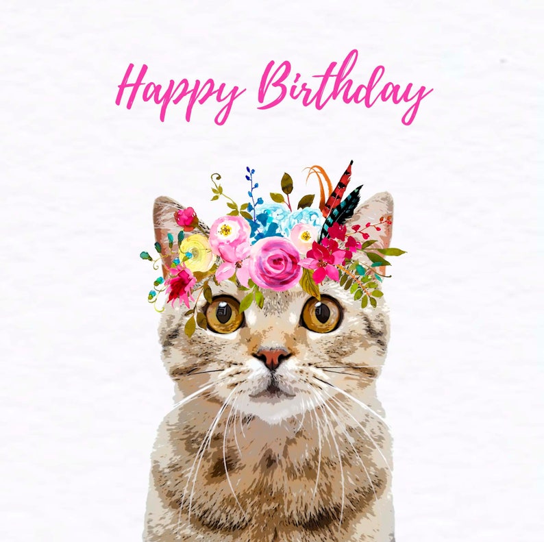 Tabby Cat Birthday Card - Cute Cat Greetings Card - Flowers - Etsy