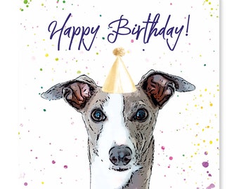 Greyhound Birthday Card - Party Hat - Greyhound Greeting Card - Gift for Greyhound Lover