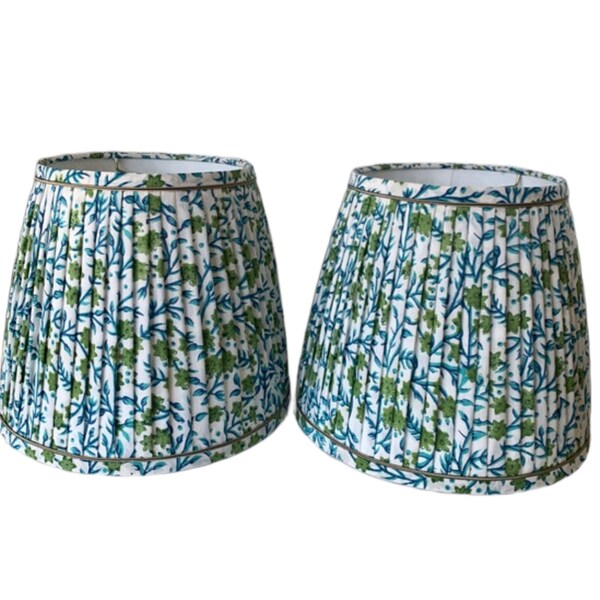 Per of Pleated lampshades - Blue Green floral w/gold antique trim -Washer Spider Fitting-8"TD x 12"Bd x 10"H