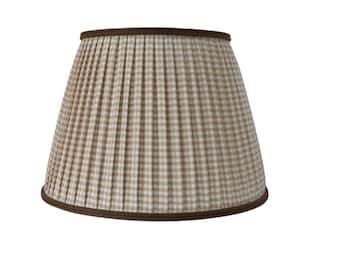 Beige Gingham Pleated Lampshade: Custom Chandelier Shade with a brown trim