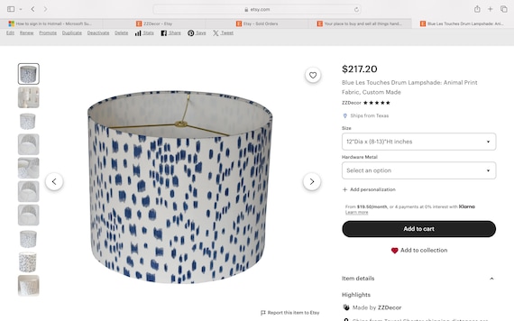 Custom Listing-One Blue Les Touches Drum Lampshade: Animal Print Fabric-12dia x 8.5h