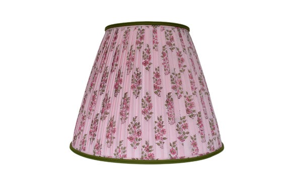 Pink and Green Pleated Lampshade with an Ever Green Trim: Floral Block Print, Custom Made