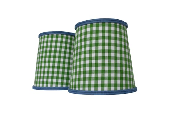 Sold Individually- Green Emerald gingham sconce chandelier shade With blue double cord - Made to Order