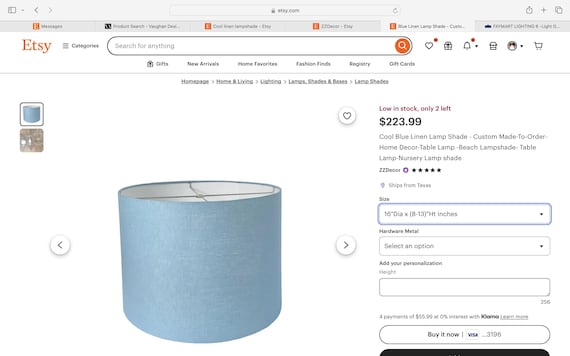 2 Cool Blue Linen Lamp Shade-White lining - washer spider fitting -14"Td x 16BD x 10 H