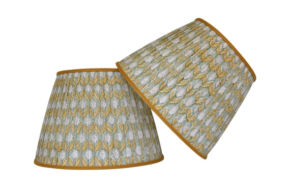 Sold Individually,Green and mustard  Pleated Lampshade: Floral Block Print, Custom Made