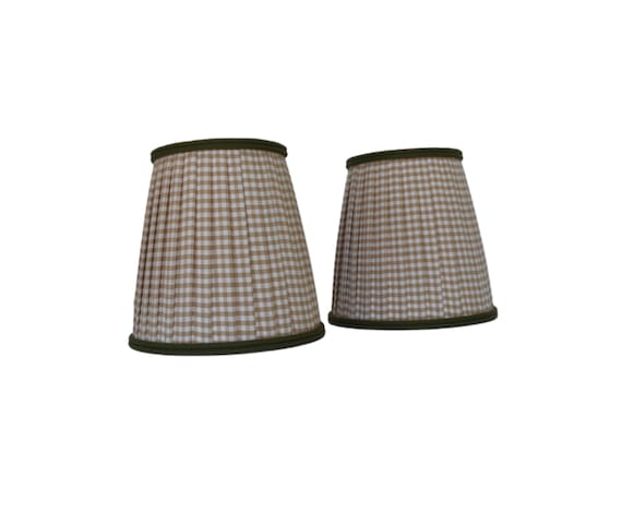 SOLD INDIVIDUALLY- Sand Gingham   Pleated Lampshade with an olive green Trim : Custom Sconce Chandelier Shade