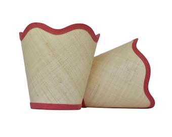 2 Scalloped Raffia Sconce Shades with Coral trim - Made to Order