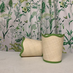 2 Scalloped   Beige Raffia sconce shades With a Fresh Grass Trim Color.