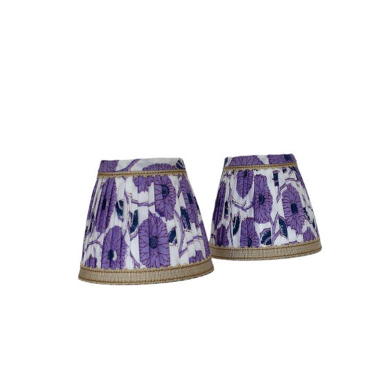 Floral Pleated Sconce Shade:Purple Indian Block Print Lampshade with a tan trim