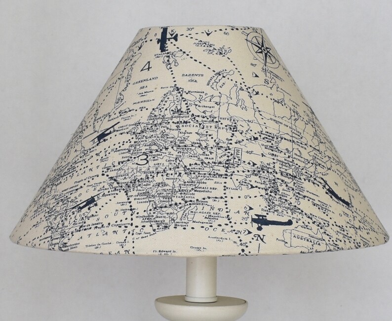 Airplane Lampshade Vintage World Map Navy Blue Natural Cream Baby Boy Room Office Nursery Premier Prints Lamp Shade Table
