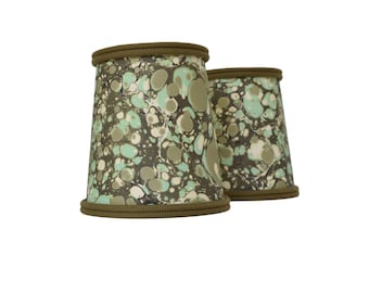 SOLD INDIVIDUALLY- Green  Marbleized Paper Sconce Shade: Denim Trim, Handmade to Order,Multiple Sizes