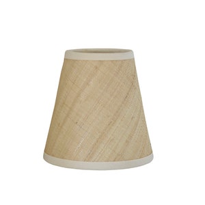 May include: A beige lampshade with a white trim. The lampshade is made of a woven material and has a conical shape.