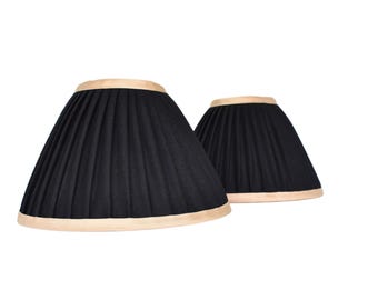 Sold Individually-Black Linen Pleated Lampshade with Silk Champagne Trim – Gathered Sconce Shade