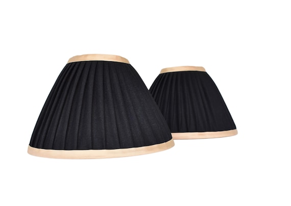 Sold Individually-Black Linen Pleated Lampshade with Silk Champagne Trim – Gathered Sconce Shade