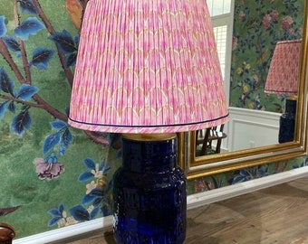 Pleated  Lampshade-Rose Ikat Lamp Shade with a Blue trim sconce  chandelier shade -Custom Made-To-Order-Home Decor- Gathered Lamp Shade