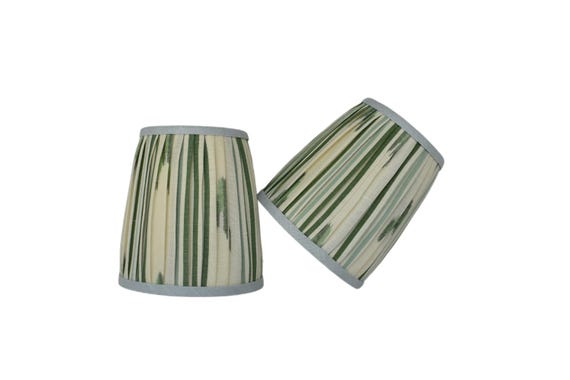 Sold Individually-Santa Barbara Leaf Green Ikat Pleated Lampshade Blue Trim - Sconce, Chandelier Shade