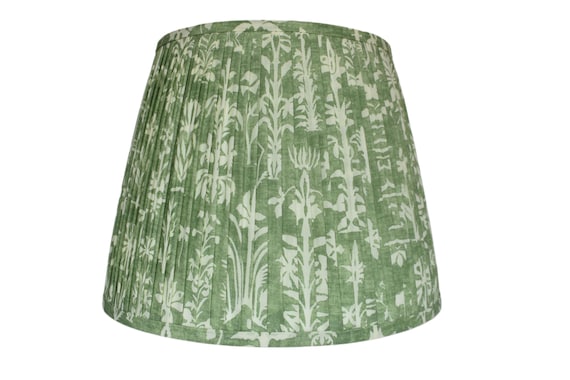 Green Off White Pleated Lampshade: Floral Block Print, Custom Made