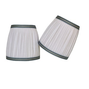 SOLD INDIVIDUALLY- White Linen Pleated Lampshades with Blue Wedgwood Trim (Pair)