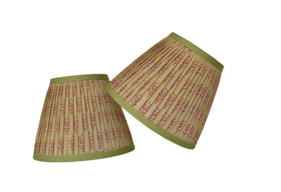 Sold Individually -Custom Made Pleated Indian Block Print Lampshade – Beige, Red, Meadow Green Trim