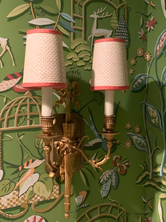 Sold Individually Handmade Thibaut  Beige Raffia Sconce Shade – Custom Trim Color