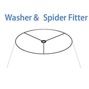 May include: A black metal washer and spider fitter for a lampshade. The washer is round with three arms extending from the center.