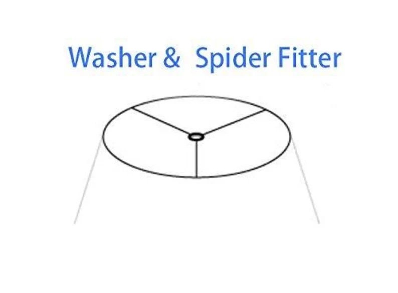 May include: A black metal washer and spider fitter for a lampshade. The washer is round with three arms extending from the center.