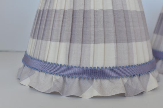 Lilac Buffalo Check Pleated Lampshade with a ruffle  and a wisteria trim - Custom Made
