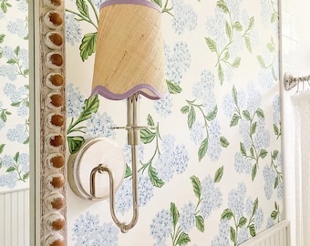 Scalloped Beige  Raffia sconce shade With  a lilac trim  or with Your Choice Trim Color - Made to Order