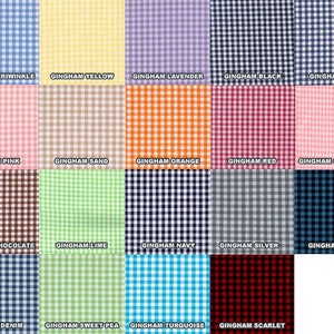 May include: A collection of gingham fabric swatches in various colors, including periwinkle, yellow, lavender, black, royal blue, pink, sand, orange, red, candy pink, chocolate, lime, navy, silver, indigo, denim, sweet pea, turquoise, and scarlet. Each swatch is labeled.