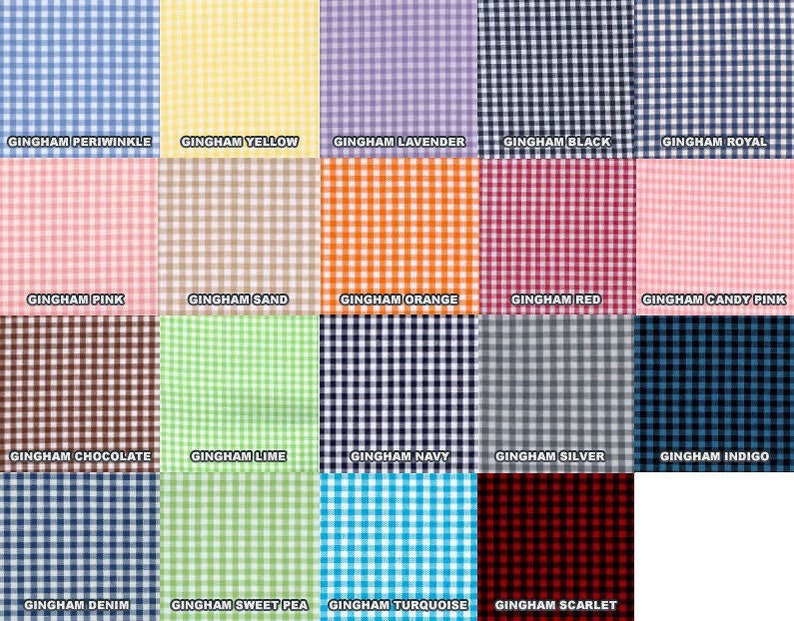 May include: A collection of gingham fabric swatches in various colors, including periwinkle, yellow, lavender, black, royal blue, pink, sand, orange, red, candy pink, chocolate, lime, navy, silver, indigo, denim, sweet pea, turquoise, and scarlet. Each swatch is labeled.