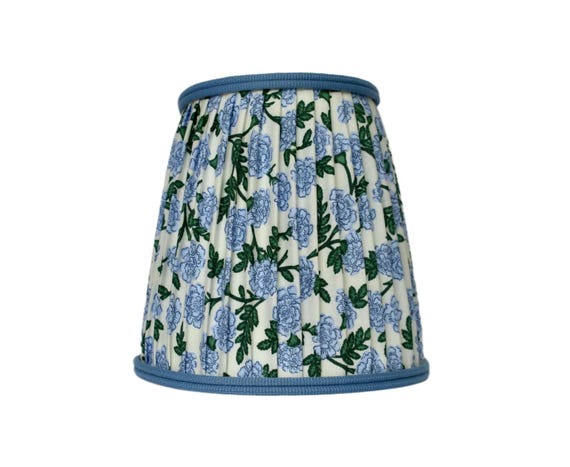 Floral Pleated Lampshade: Blue Green  Print Sconce Shade with a blue trim