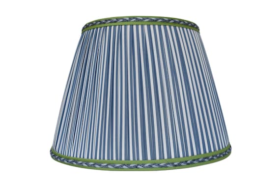 Navy Blue Stripe Pleated Lampshade with a fresh green trim with : Handmade Anna French Fabric
