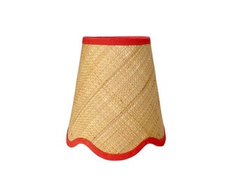 Scalloped Tan Raffia sconce shade With Your Choice of Trim Color - Made to Order