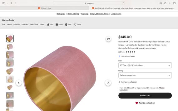 One Blush Velvet with a gold lining -10Td x 8"h -Washer Spider Fitting