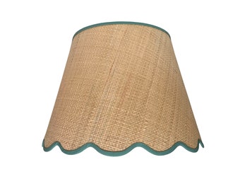 Scalloped  Tan Raffia Lampshade With Your Choice of Trim Color - Made to Order