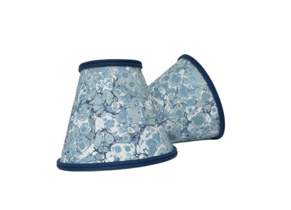 Sold Individually- Blue MARBLEIZED PAPER sconce shade With an Indigo Double cord French Trim - Made to Order-Multiple Sizes and Trim Choices