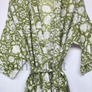 Cotton Kimono Robe Dressing Gown, Block Print Bridesmaid Robe, Summer Nightwear, One Size Green