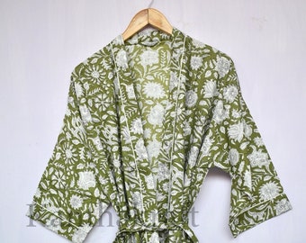 Baumwoll-Kimono-Bademantel, Blockdruck-Brautjungfer-Robe, Sommer-Nachtwäsche, Einheitsgröße